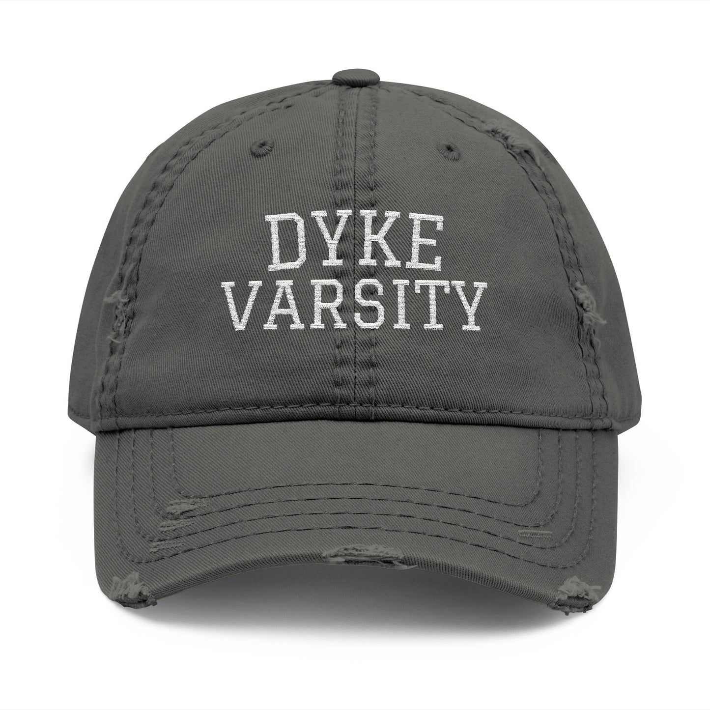 Dyke Varsity Distressed Dad Hat – Bold Lesbian Pride Embroidery
