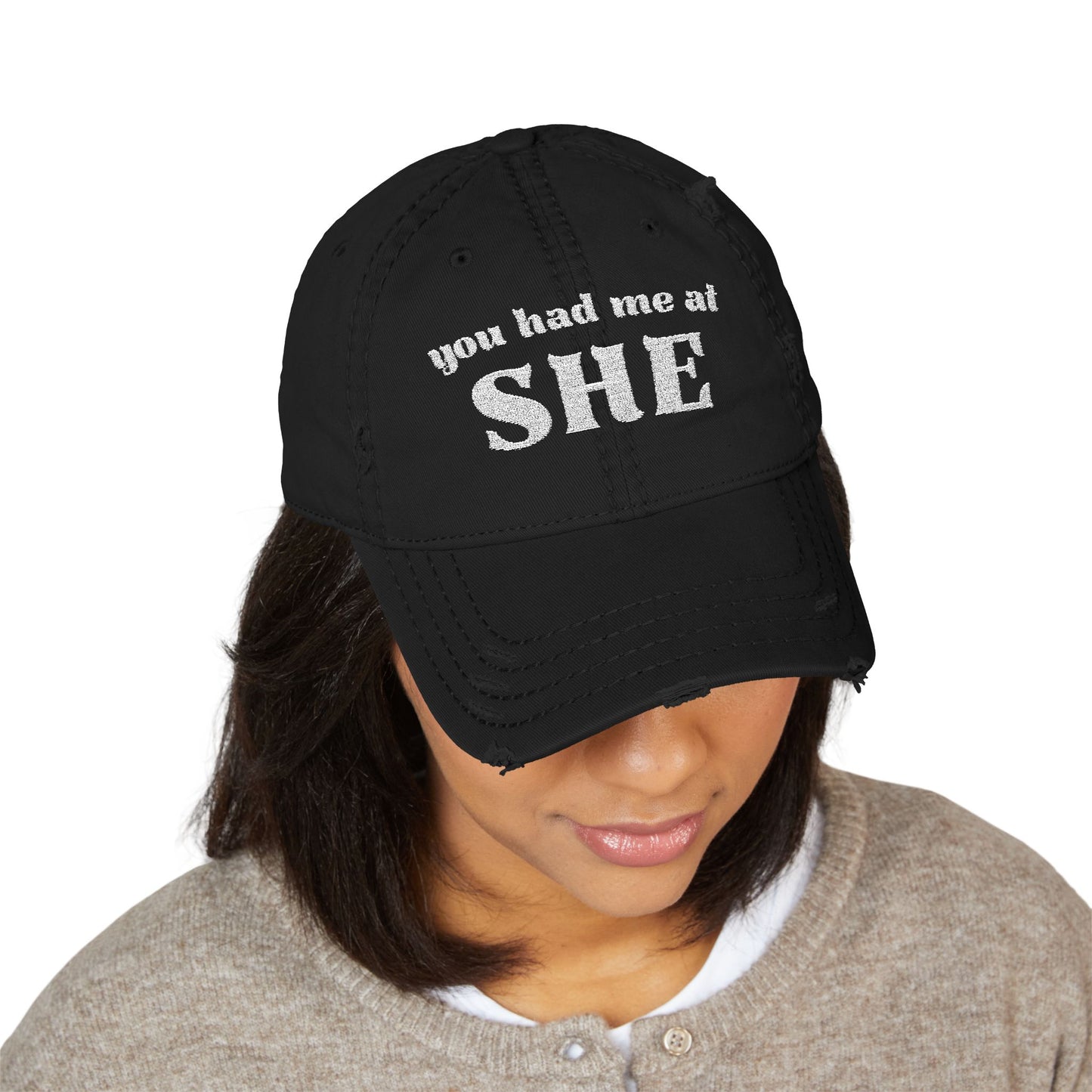 You Had Me at She Distressed Dad Hat – Lesbian Baseball Cap