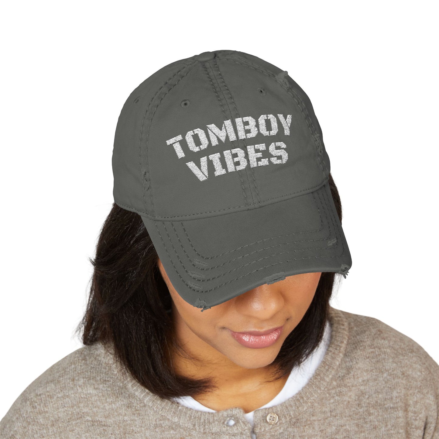 Tomboy Vibes Distressed Dad Hat – Lesbian Pride Embroidered Cap