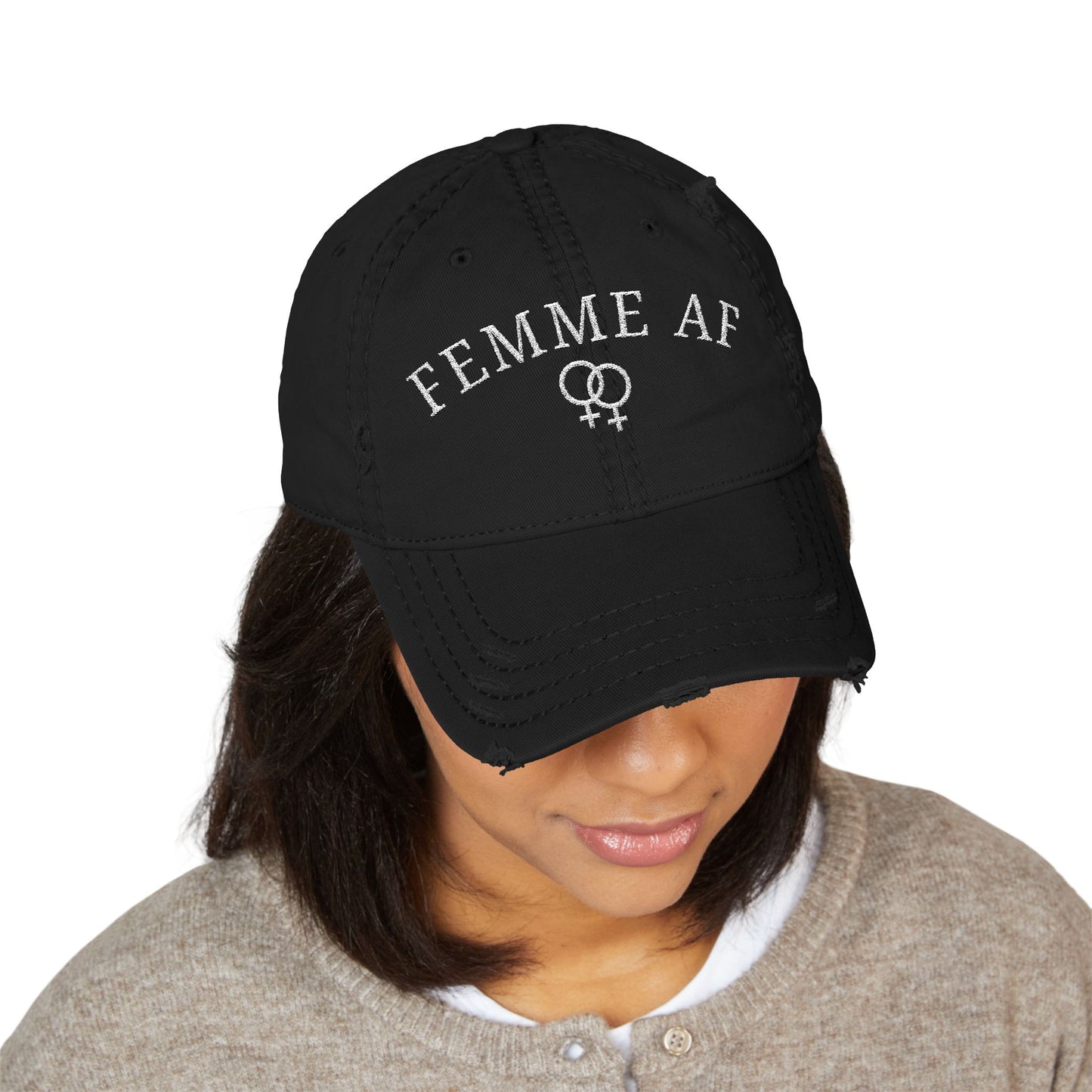 Femme AF Embroidered Distressed Dad Hat – Lesbian Pride Baseball Cap