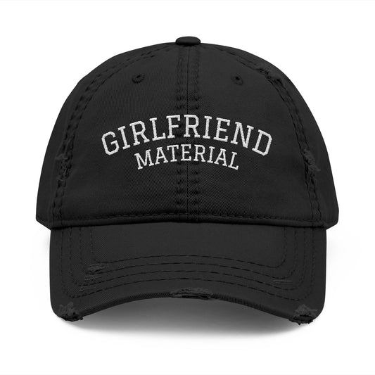 Girlfriend Material Distressed Dad Hat – Lesbian Pride Embroidered Cap