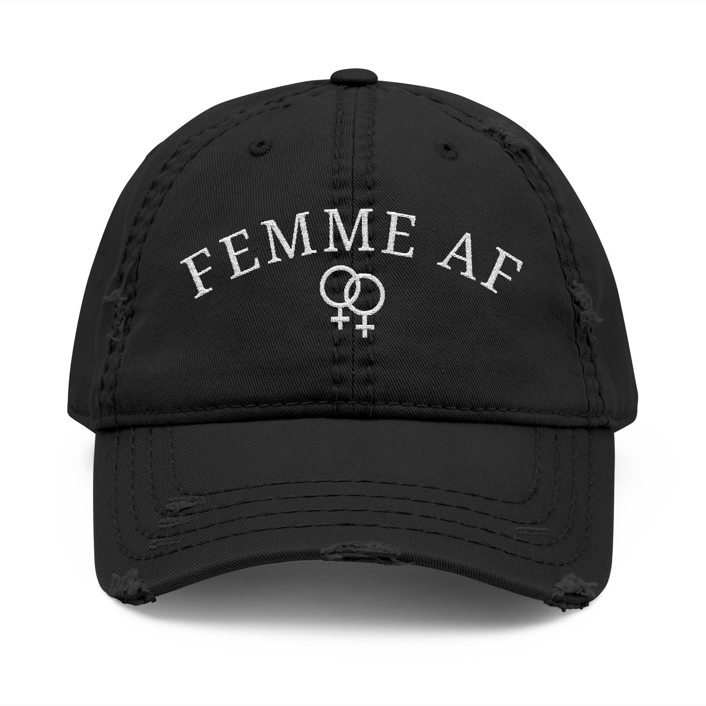 Femme AF Embroidered Distressed Dad Hat – Lesbian Pride Baseball Cap