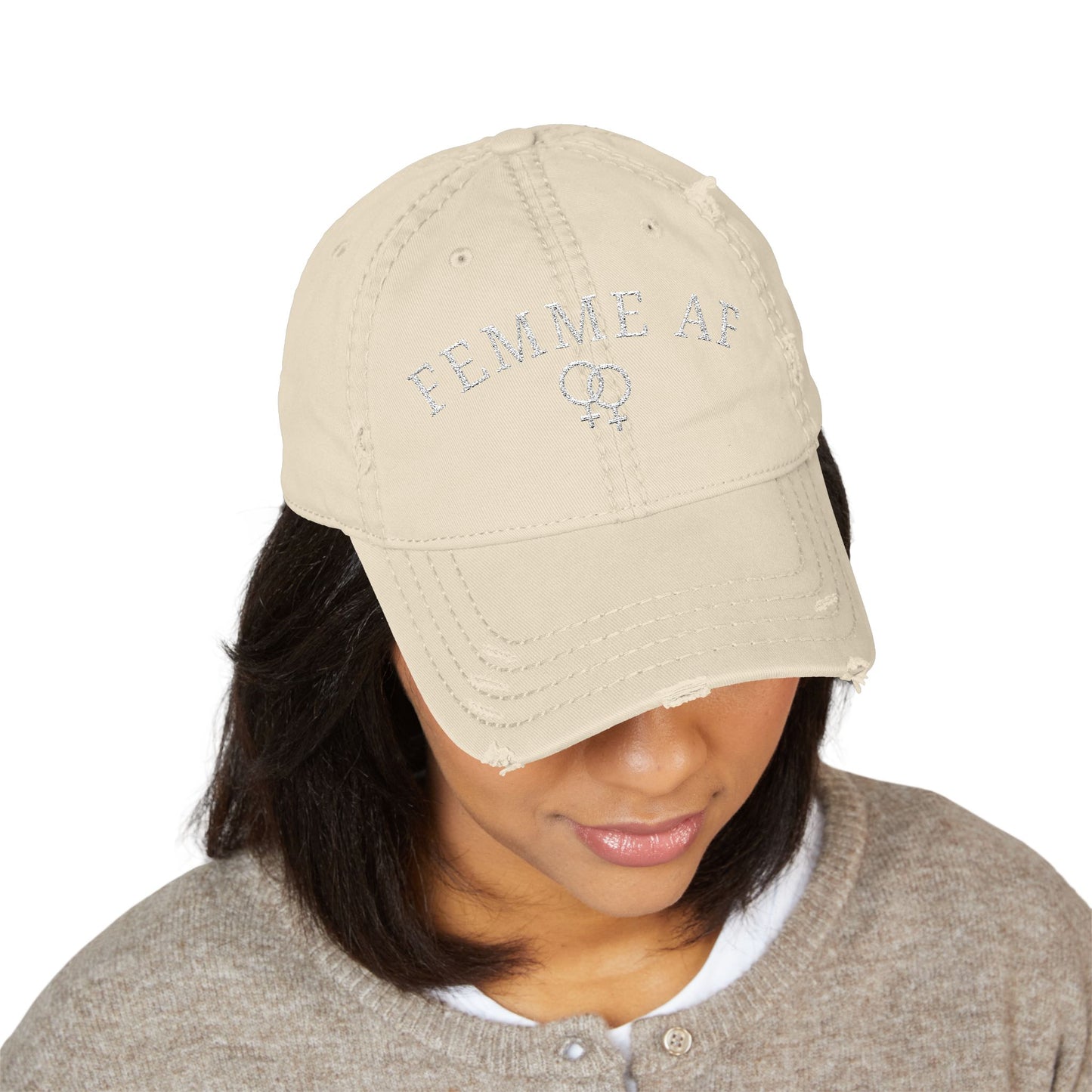 Femme AF Embroidered Distressed Dad Hat – Lesbian Pride Baseball Cap