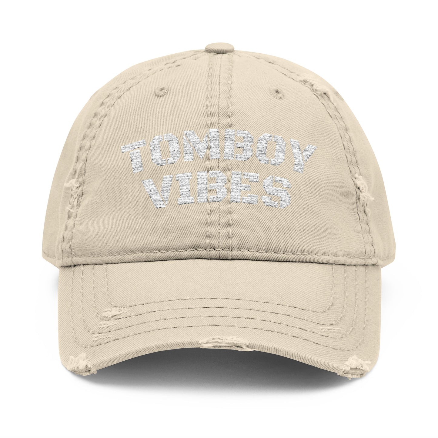 Tomboy Vibes Distressed Dad Hat – Lesbian Pride Embroidered Cap