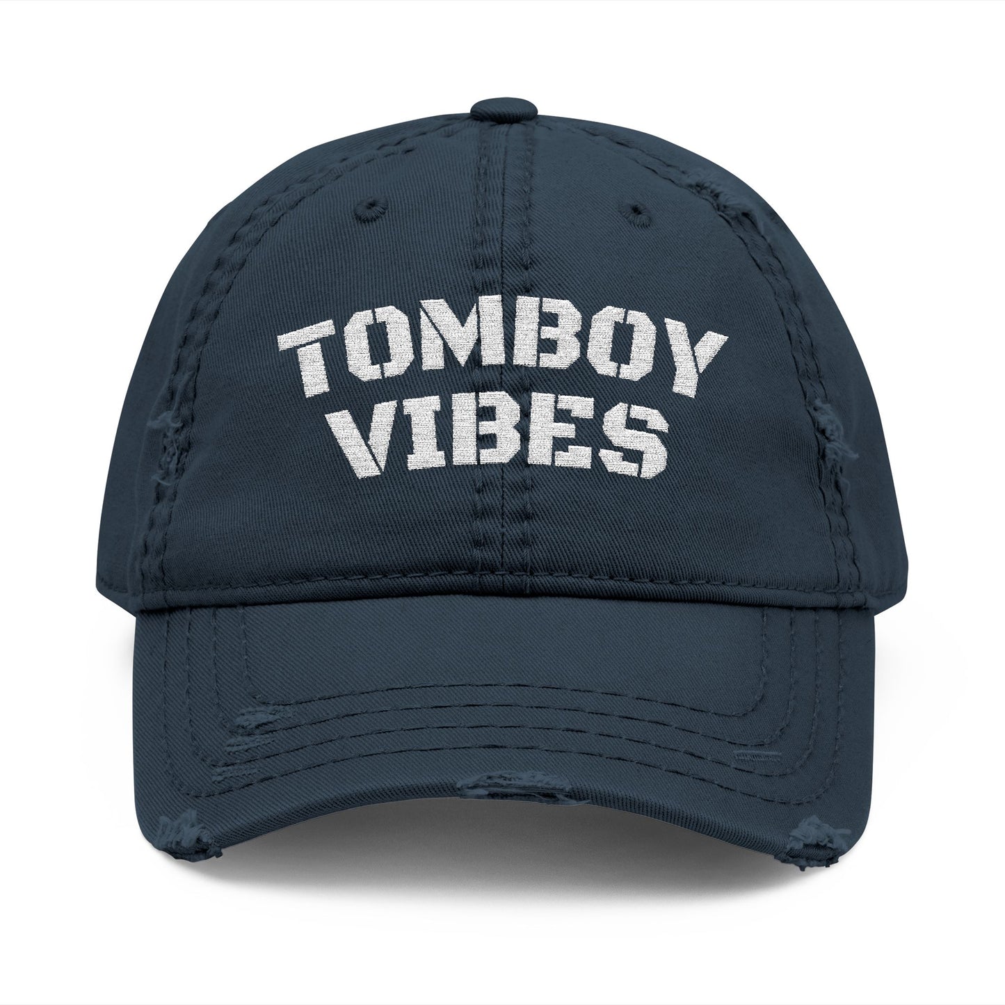 Tomboy Vibes Distressed Dad Hat – Lesbian Pride Embroidered Cap