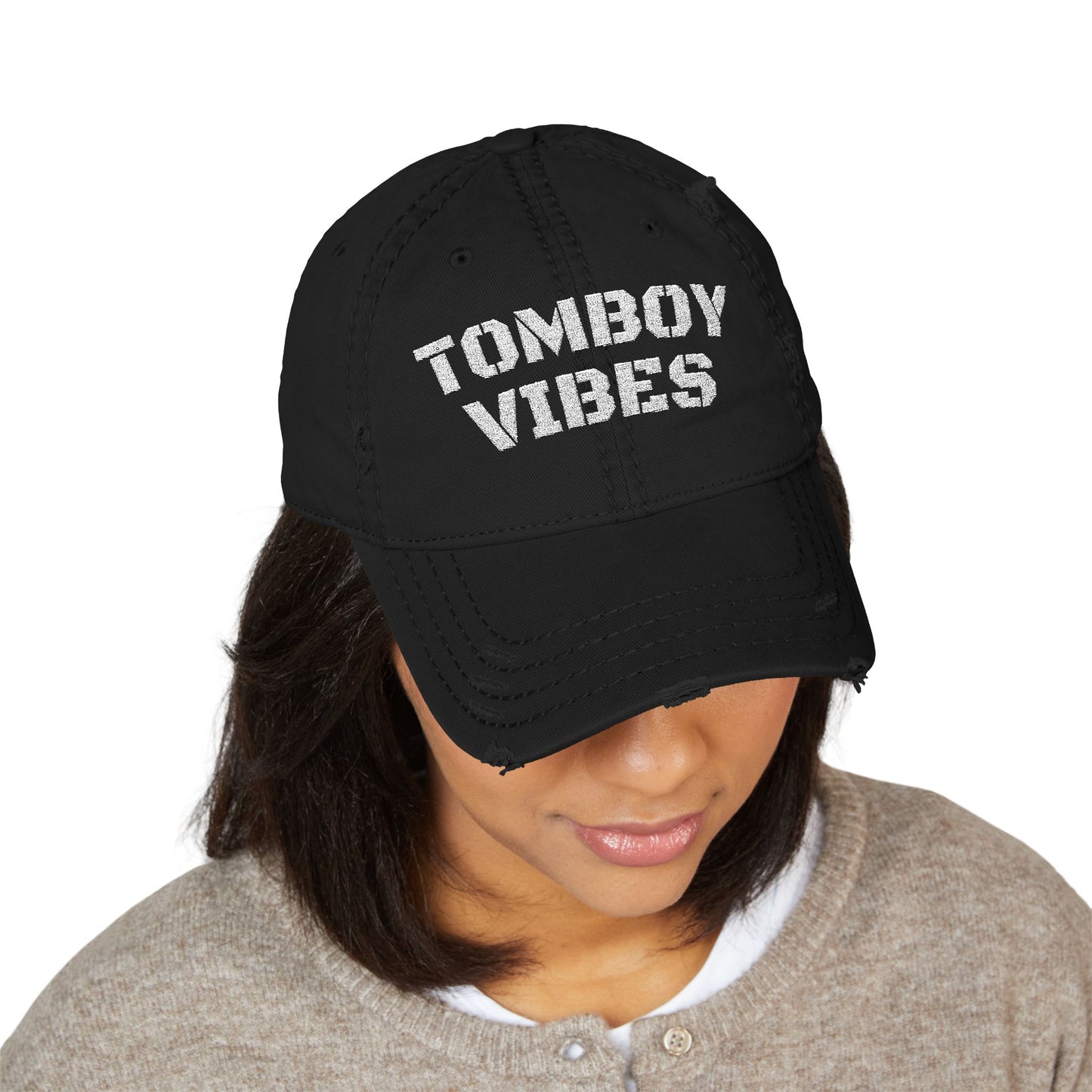 Tomboy Vibes Distressed Dad Hat – Lesbian Pride Embroidered Cap