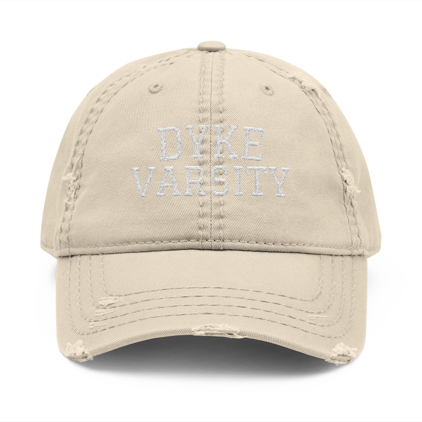 Dyke Varsity Distressed Dad Hat – Bold Lesbian Pride Embroidery