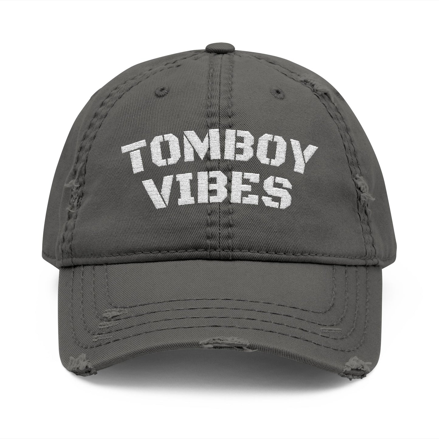 Tomboy Vibes Distressed Dad Hat – Lesbian Pride Embroidered Cap