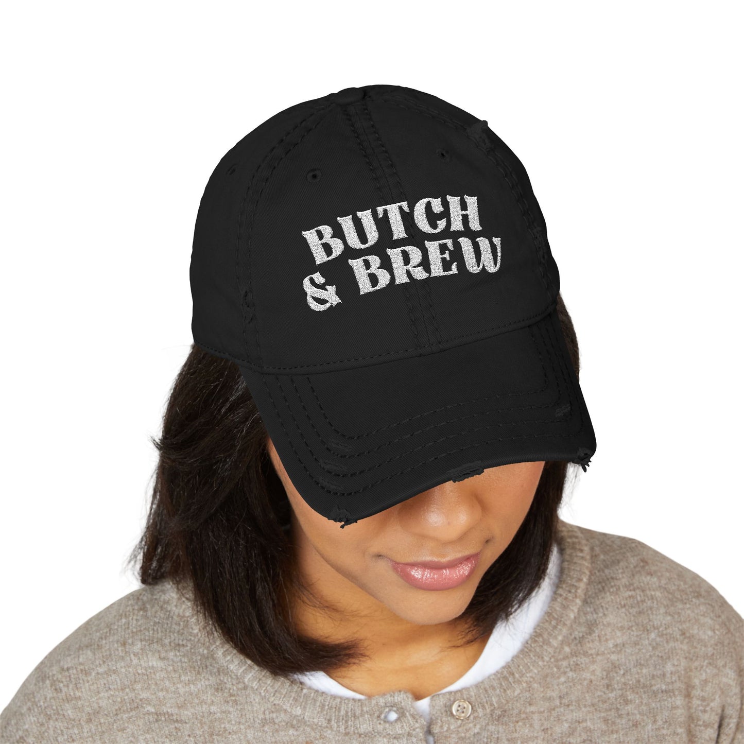 Butch & Brew Distressed Dad Hat – Bold Queer Coffee Culture