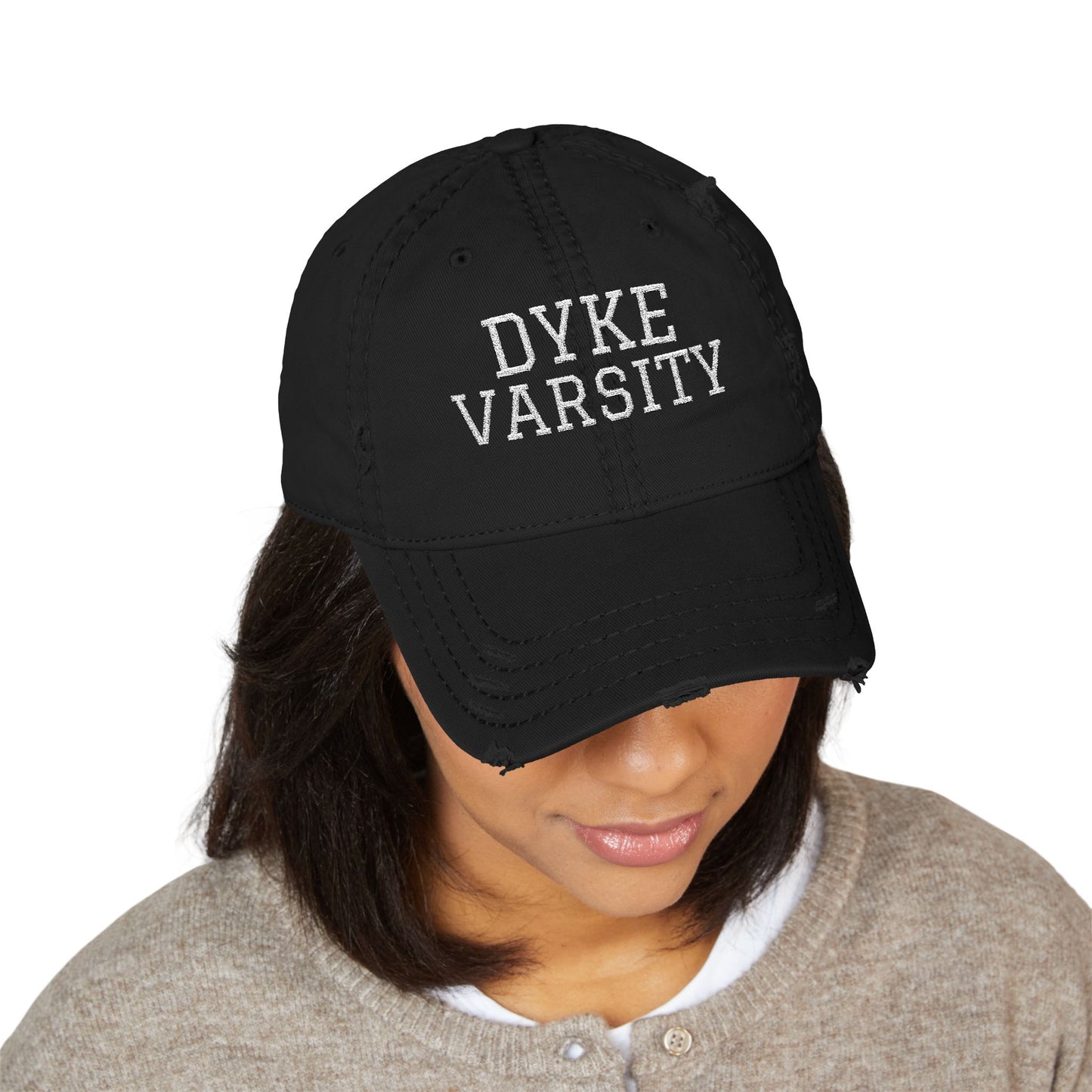 Dyke Varsity Distressed Dad Hat – Bold Lesbian Pride Embroidery