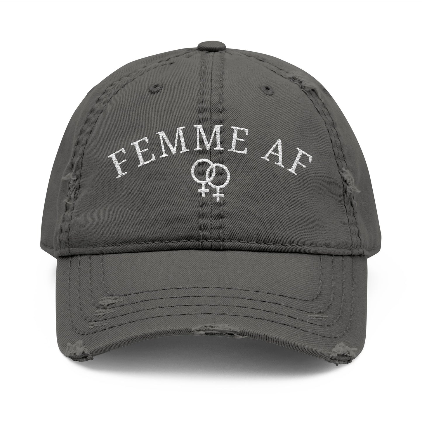 Femme AF Embroidered Distressed Dad Hat – Lesbian Pride Baseball Cap