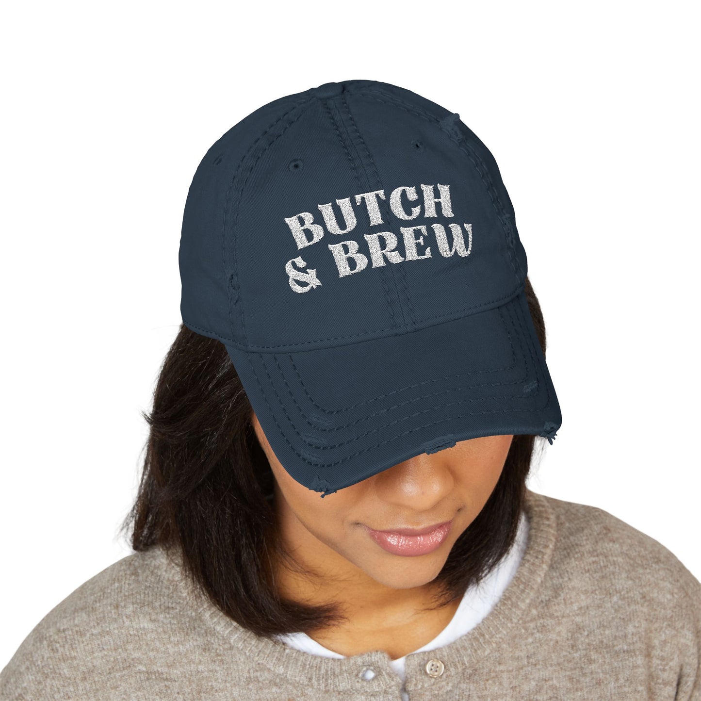Butch & Brew Distressed Dad Hat – Bold Queer Coffee Culture