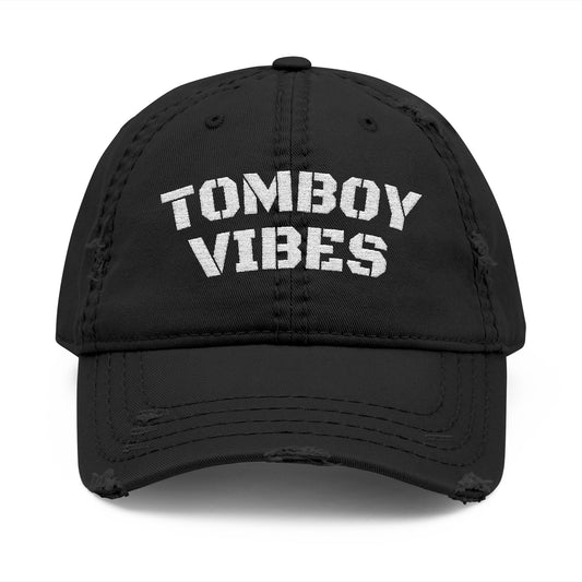 Tomboy Vibes Distressed Dad Hat – Lesbian Pride Embroidered Cap