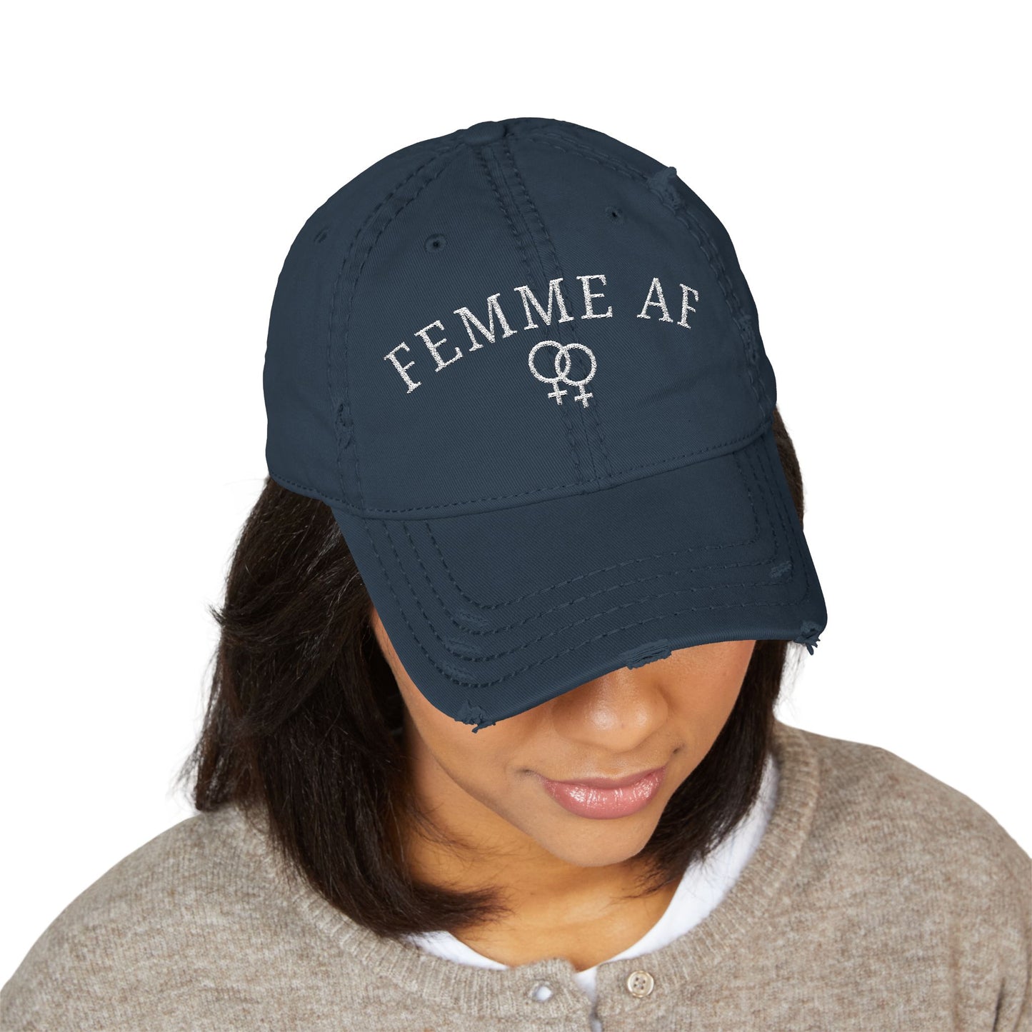 Femme AF Embroidered Distressed Dad Hat – Lesbian Pride Baseball Cap