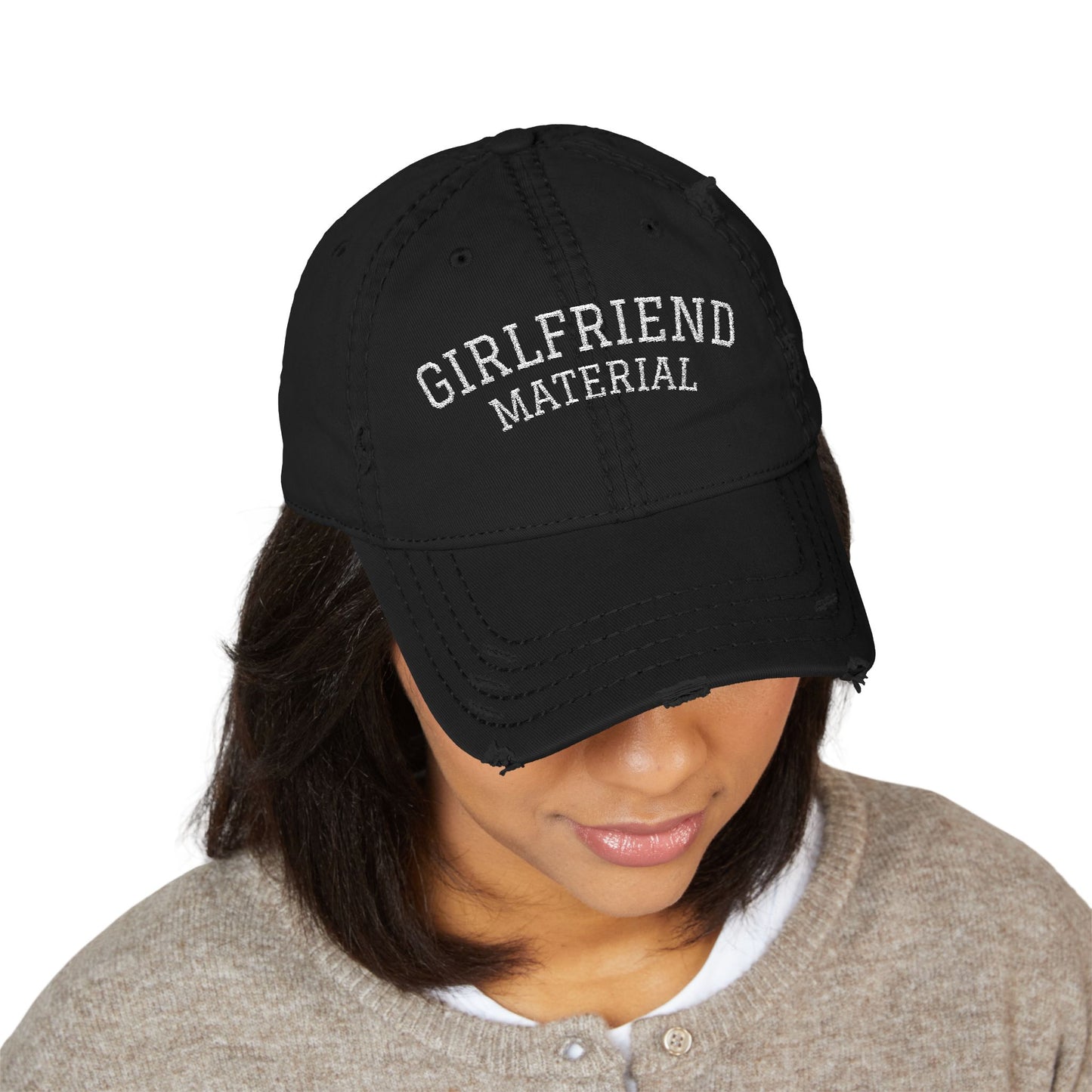 Girlfriend Material Distressed Dad Hat – Lesbian Pride Embroidered Cap