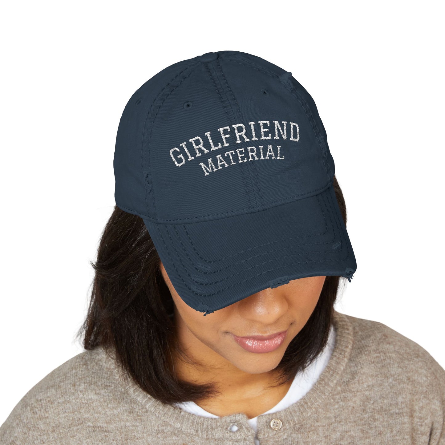 Girlfriend Material Distressed Dad Hat – Lesbian Pride Embroidered Cap