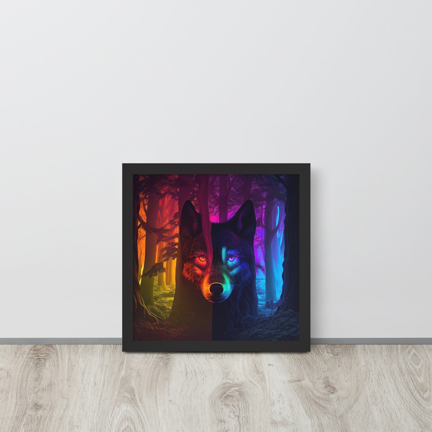 Rainbow Wolf in the Woods Framed photo paper poster