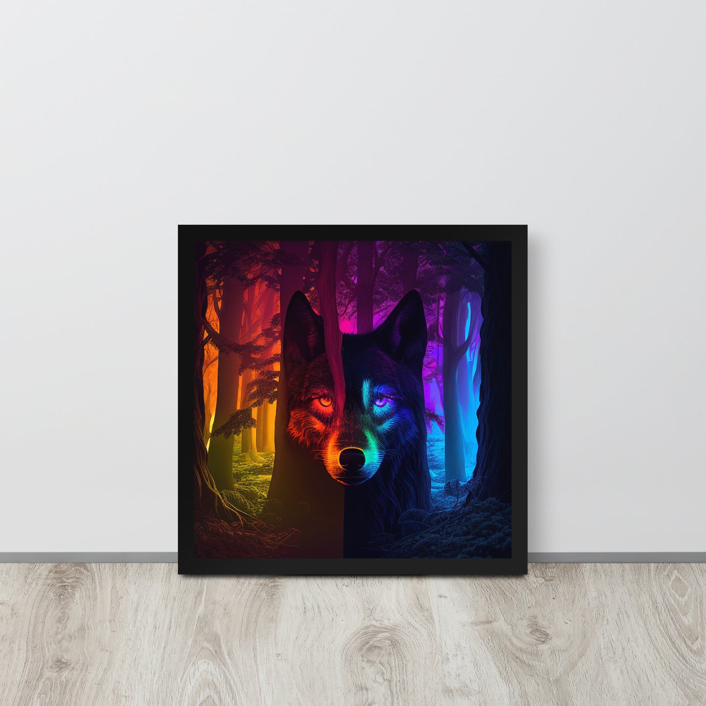 Rainbow Wolf in the Woods Framed photo paper poster