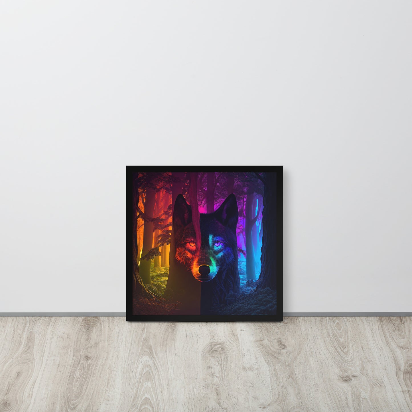 Rainbow Wolf in the Woods Framed photo paper poster